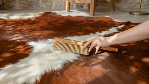 Cowhide rug cleaning scene showcasing a wooden bristle brush smoothing a rich reddish-brown hide with a distinct white stripe.   