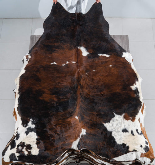 Dark Tricolor Cowhide Rug Size 7'9" L x 6'9" W 1702