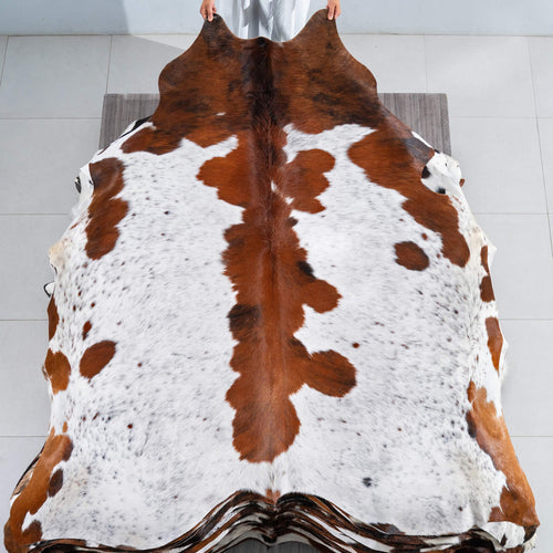 White Tricolor Cowhide Rug Size 7'4" L x 7'1" W 1703