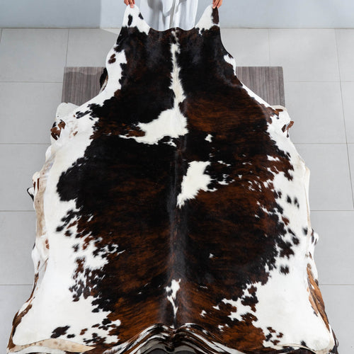 Dark Tricolor Cowhide Rug Size 7'8" L x 6'7" W 1744