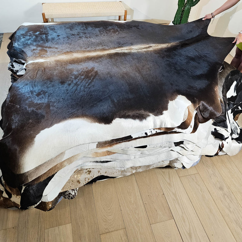 Natural Brazilian Chocolate And White Cowhide Rug Size X Large 2323 , Stain Resistant Fur | eCowhides