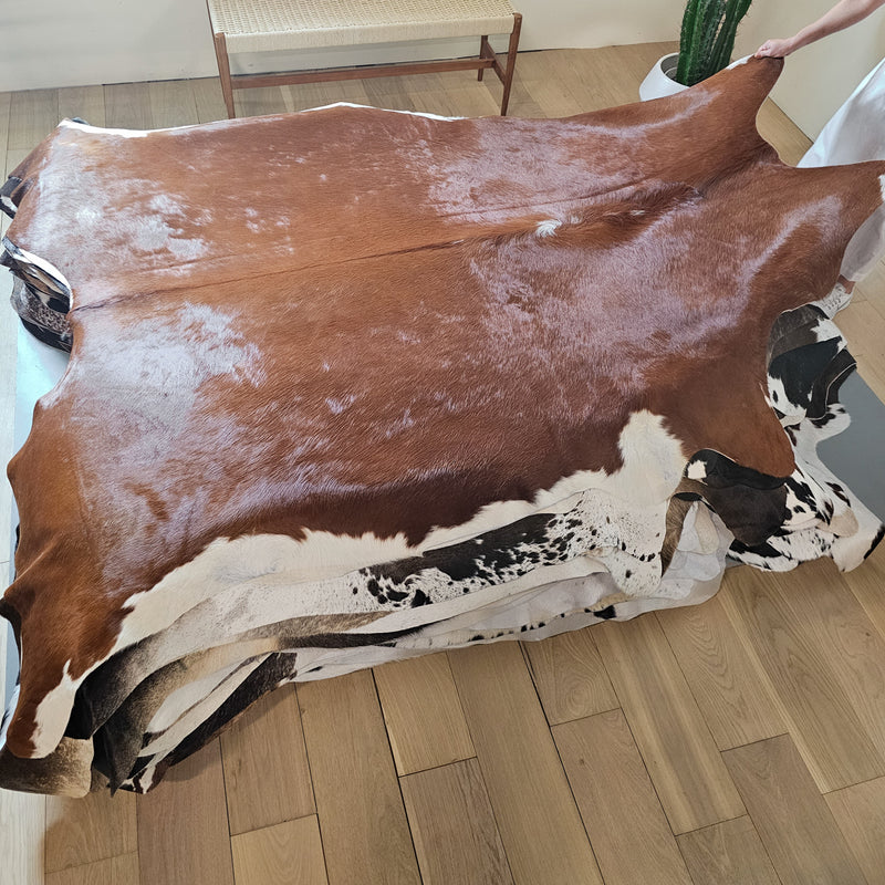 Brazilian Brown and White Cowhide Rug Size 8'3" L x 7'3" W 6549