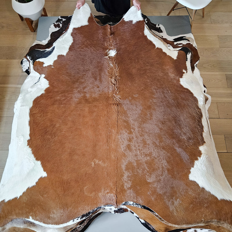 Brazilian Brown and White Cowhide Rug Size 6'11" L x 7'6" W 6663