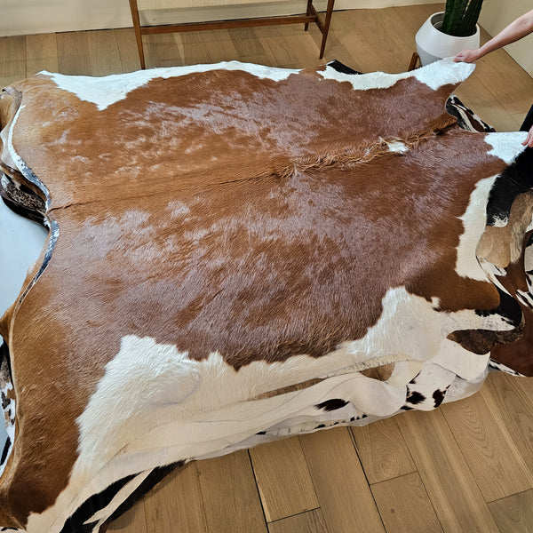 Brazilian Brown and White Cowhide Rug Size 6'11" L x 7'6" W 6663