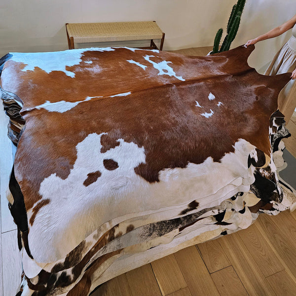 Brazilian Brown and White  Cowhide Rug Size 7'9" L x 7'0" W 7701