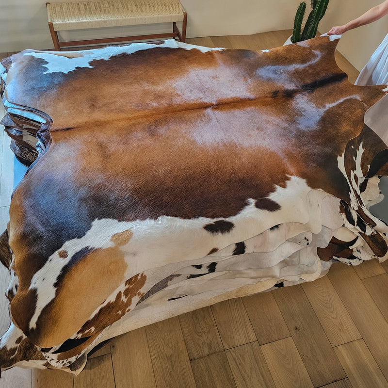 Chocolate and White Cowhide Rug Size 7'5" L x 7'3" W 7945