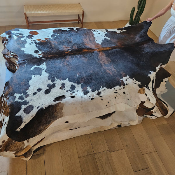 Dark Tricolor Cowhide Rug Size 7'7" L x 7'1" W 7980