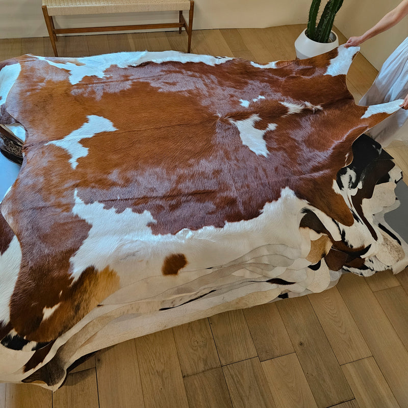 Brown and White Cowhide Rug Size 7'4" L x 6'10" W 7999