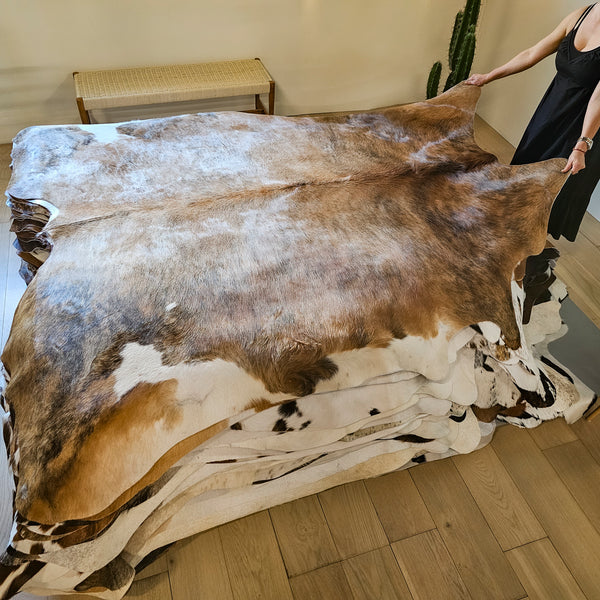 Brindle White Belly Cowhide Rug Size 7'7" L x 7'6" W 8017