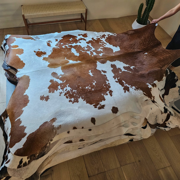 Brown and White Cowhide Rug Size 7'05" L x 6'4" W 8074