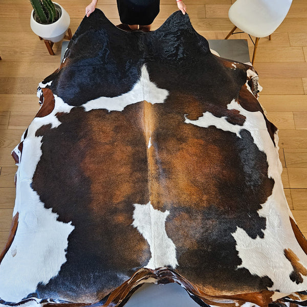 Chocolate and White Cowhide Rug Size 7'1" L x 6'7" W 8454