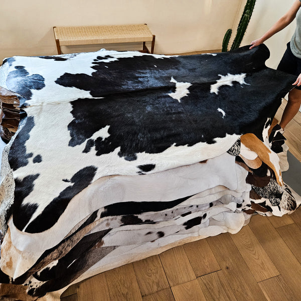 Dark Tricolor Cowhide Rug Size 7'9" L x 6'3" W 8600