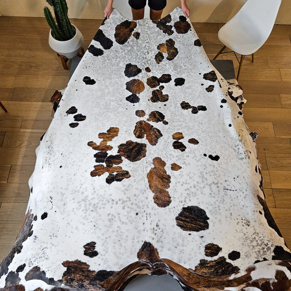 White Tricolor Cowhide Rug Size 7' L x 6'9" W 8641