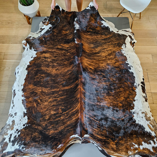 Brindle White Belly Cowhide Rug Size 7'4" L x 7'2" W 8674