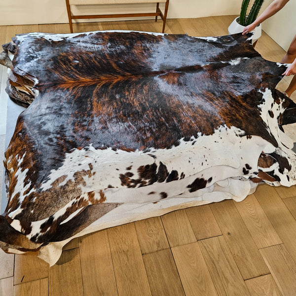 Brindle White Belly Cowhide Rug Size 7'4" L x 7'2" W 8674