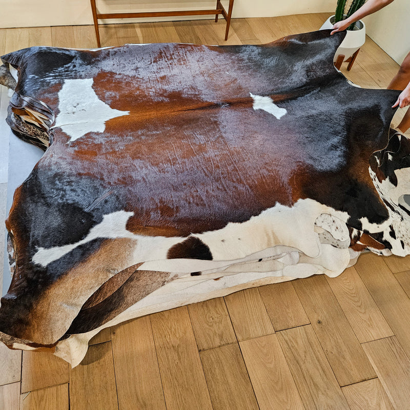 Chocolate and White Cowhide Rug Size 7'9" L x 7'3" W 8694