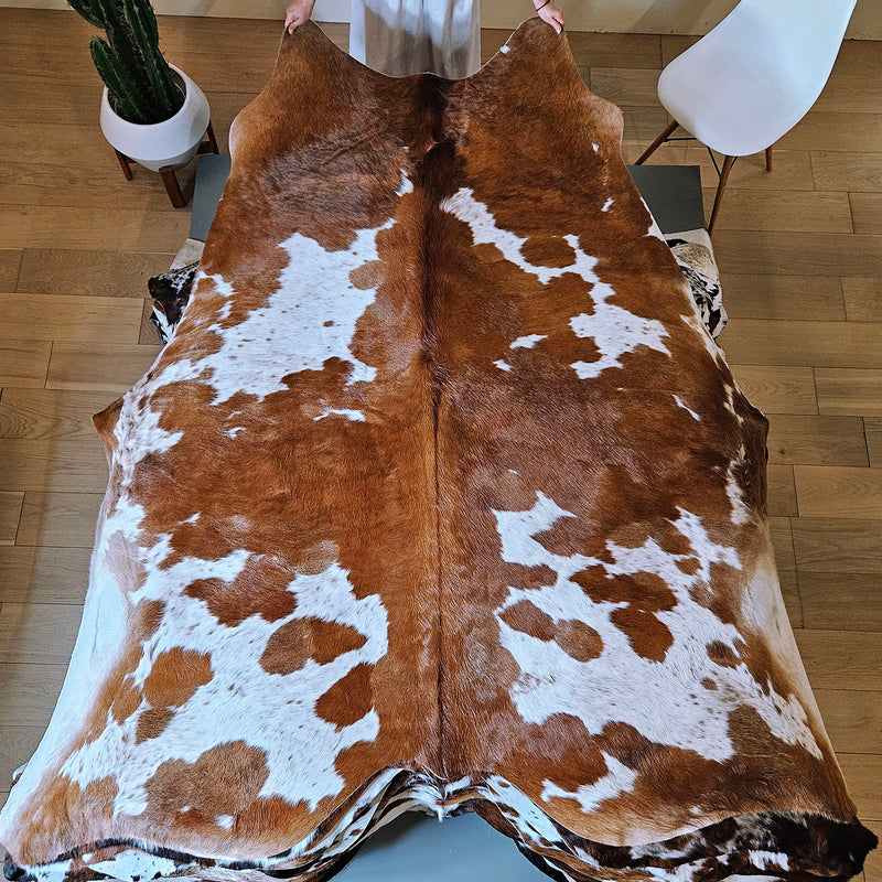 Brown and White Cowhide Rug Size 7'5" L x 6'11" W 7852