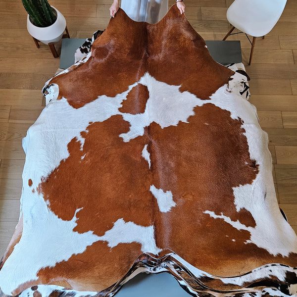 Brown and White Cowhide Rug Size 7'2" L x 6'9" W 7924