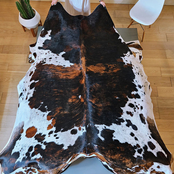 Dark Tricolor Cowhide Rug Size 7'7" L x 7'1" W 7980