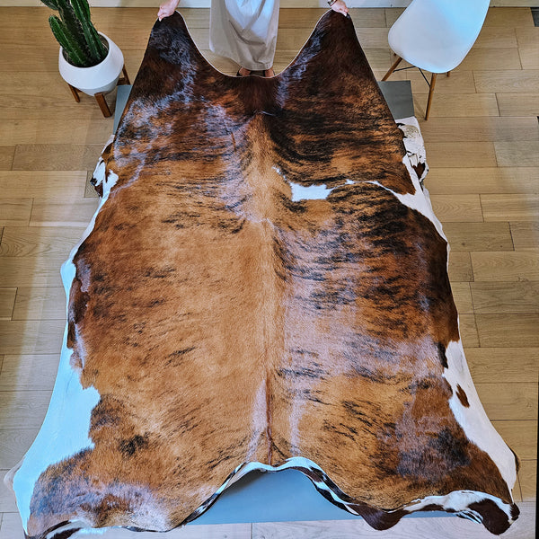 Brindle White Belly Cowhide Rug Size 8'4" L x 7'9" W 7989