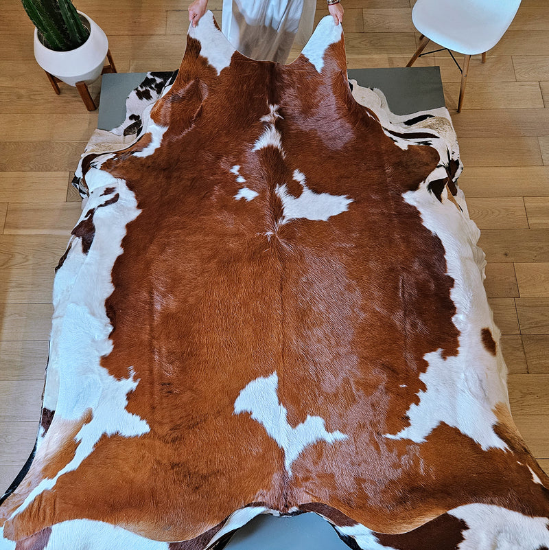 Brown and White Cowhide Rug Size 7'4" L x 6'10" W 7999