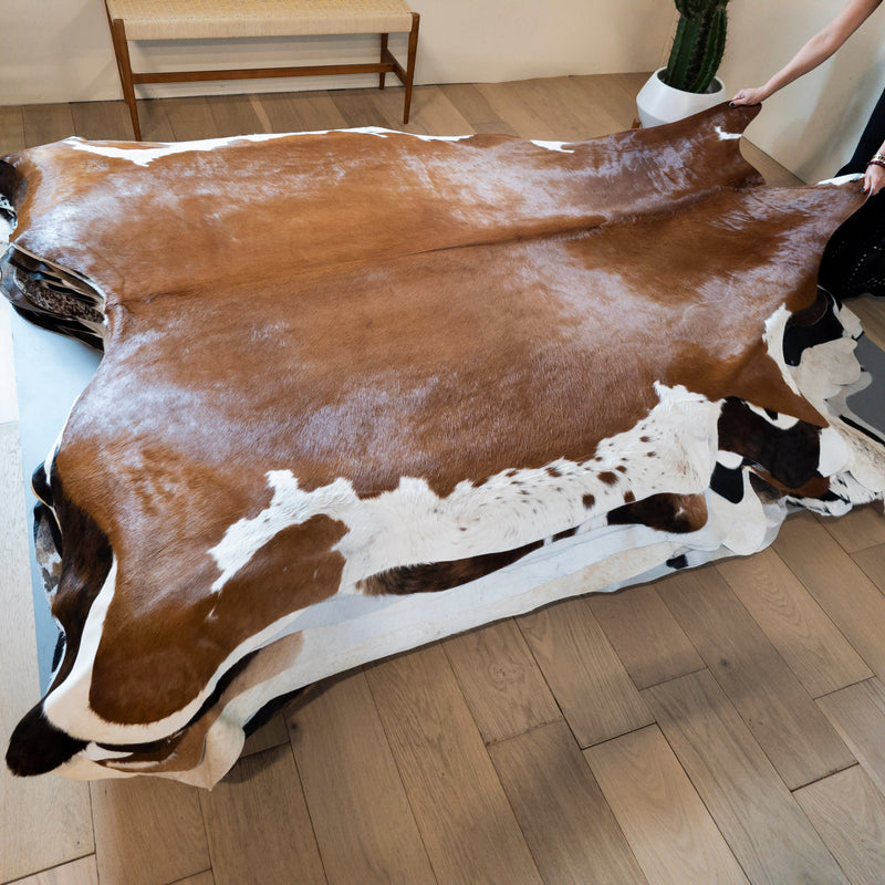 Brazilian Brown and White Cowhide Rug Size 7'11" L x 6'10" W 8195