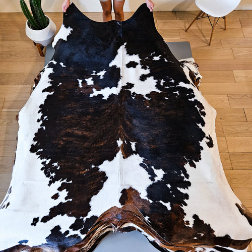 Dark Tricolor Cowhide Rug Size 7'8" L x 7'1" W 9125