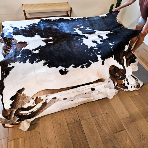 Dark Tricolor Cowhide Rug Size 7'8" L x 7'1" W 9125