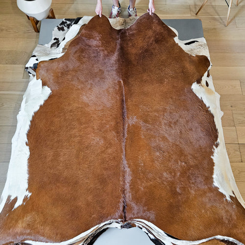 Brazilian Brown and White Cowhide Rug Size 7'4" L x 6'11" W 9339