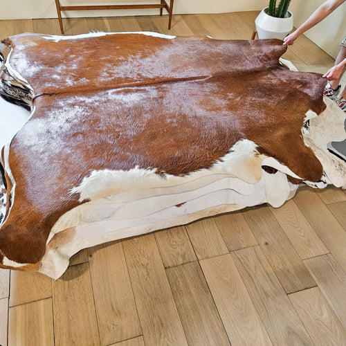 Brazilian Brown and White Cowhide Rug Size 7'4" L x 6'11" W 9339