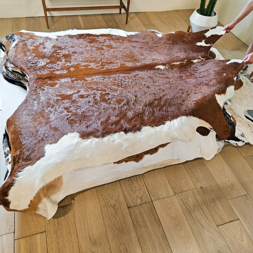 Brazilian Brown and White Cowhide Rug Size 7'5" L x 7'3" W 9343