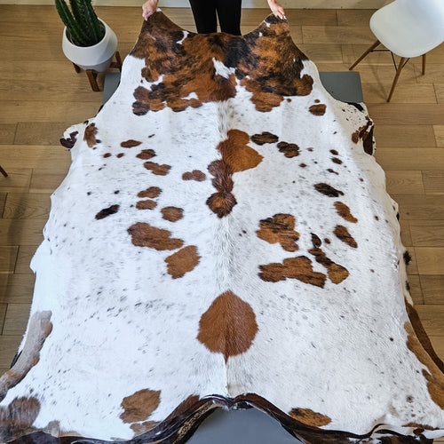 White Tricolor Cowhide Rug Size 7'7" L x 7'4" W 9402