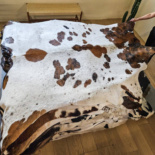 White Tricolor Cowhide Rug Size 7'7" L x 7'4" W 9402