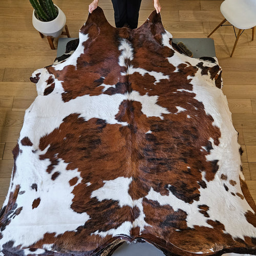 White Tricolor Cowhide Rug Size 6'9" L x 6'4" W 9403