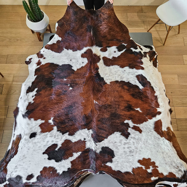 White Tricolor Cowhide Rug Size 7'10" L x 7'5" W 9404