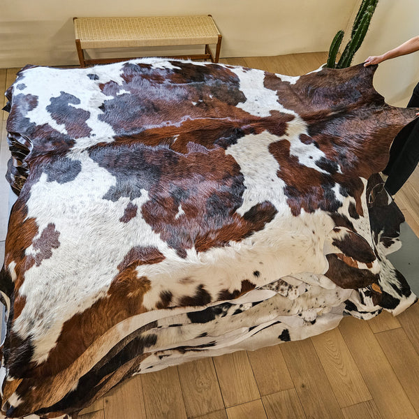 White Tricolor Cowhide Rug Size 7'10" L x 7'5" W 9404