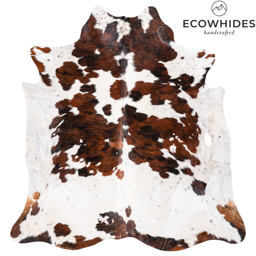 Vintage White Tricolor Cowhide Rug Size 7'3" L x 6'10" W 6349