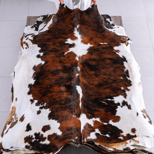 Tricolor Brindle Mix Cowhide Rug Size 7'4" L x 6'7" W 6504