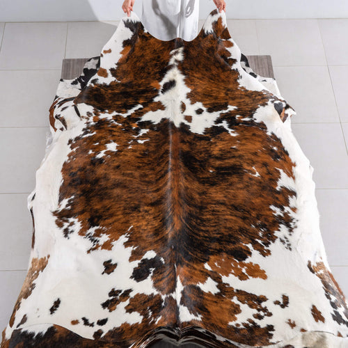 Tricolor Brindle Mix Cowhide Rug Size 7'9" L x 6'10" W 6506