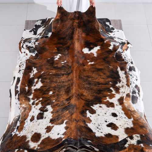 Tricolor Brindle Mix Cowhide Rug Size 6'8" L x 5'11" W 6514