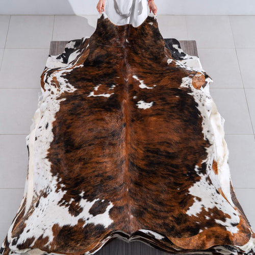 Tricolor Brindle Mix Cowhide Rug Size 7'9" L x 6'3" W 6517