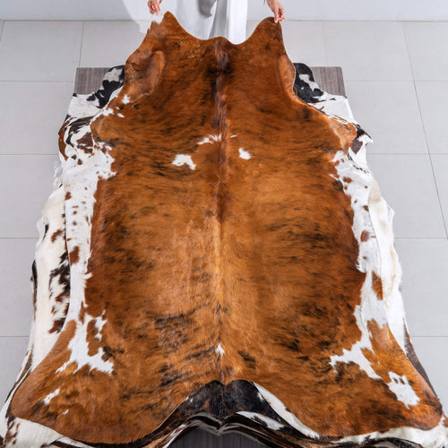 Tricolor Brindle Mix Cowhide Rug Size 7'6" L x 6'6" W 6518