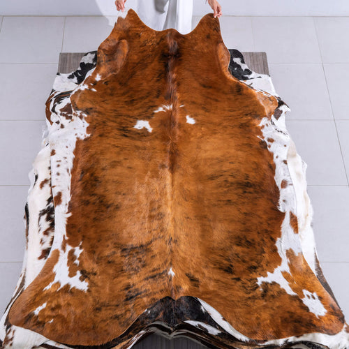 Tricolor Brindle Mix Cowhide Rug Size 7'6" L x 6'6" W 6518