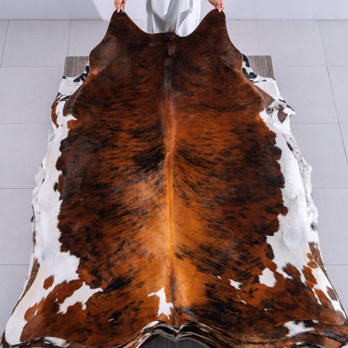 Tricolor Brindle Mix Cowhide Rug Size 7'9" L x 6'9" W 6524