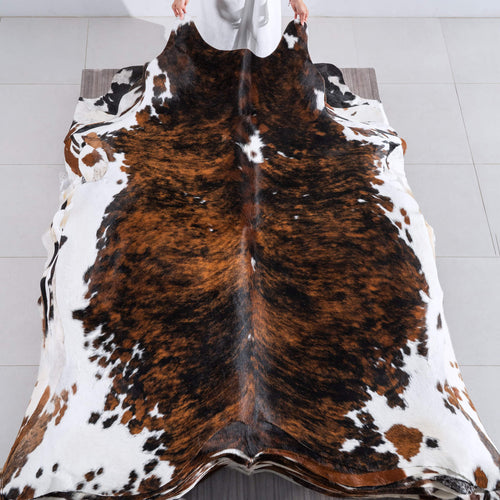 Tricolor Brindle Mix Cowhide Rug Size 7'9" L x 7'1" W 6535