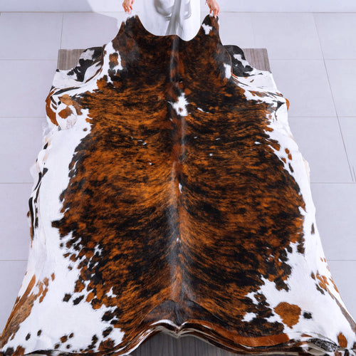 Tricolor Brindle Mix Cowhide Rug Size 7'9" L x 7'1" W 6535