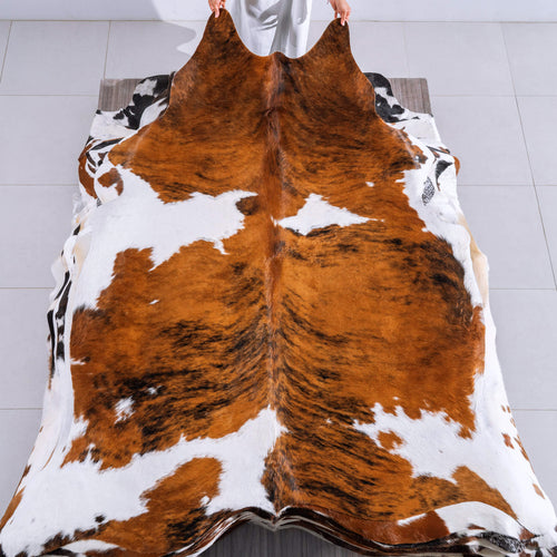 Tricolor Brindle Mix Cowhide Rug Size 7'11" L x 6'9" W 6537