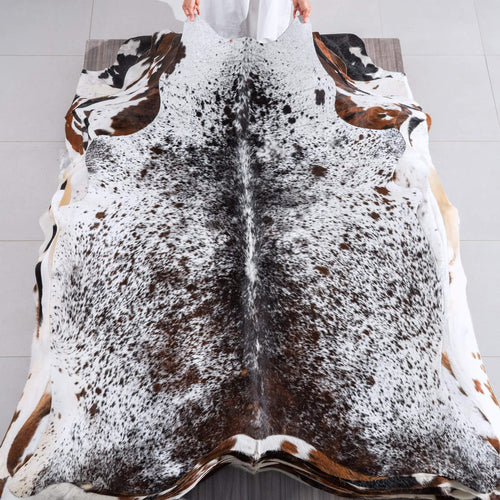 White Tricolor Cowhide Rug Size 7'0" L x 6'3" W 6540