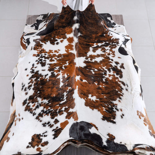 White Tricolor Cowhide Rug Size 7'6" L x 7'0" W 6544