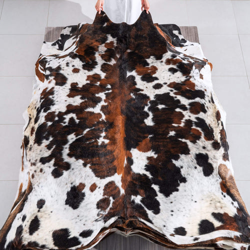 White Tricolor Cowhide Rug Size 7'6" L x 7'2" W 6546